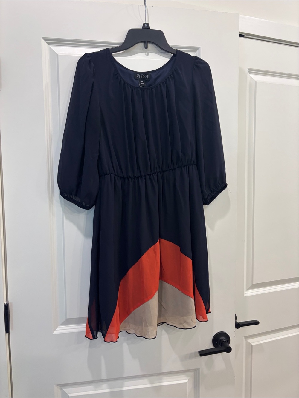 Enfocus Studio Navy Dress with Coral and Cream Hem